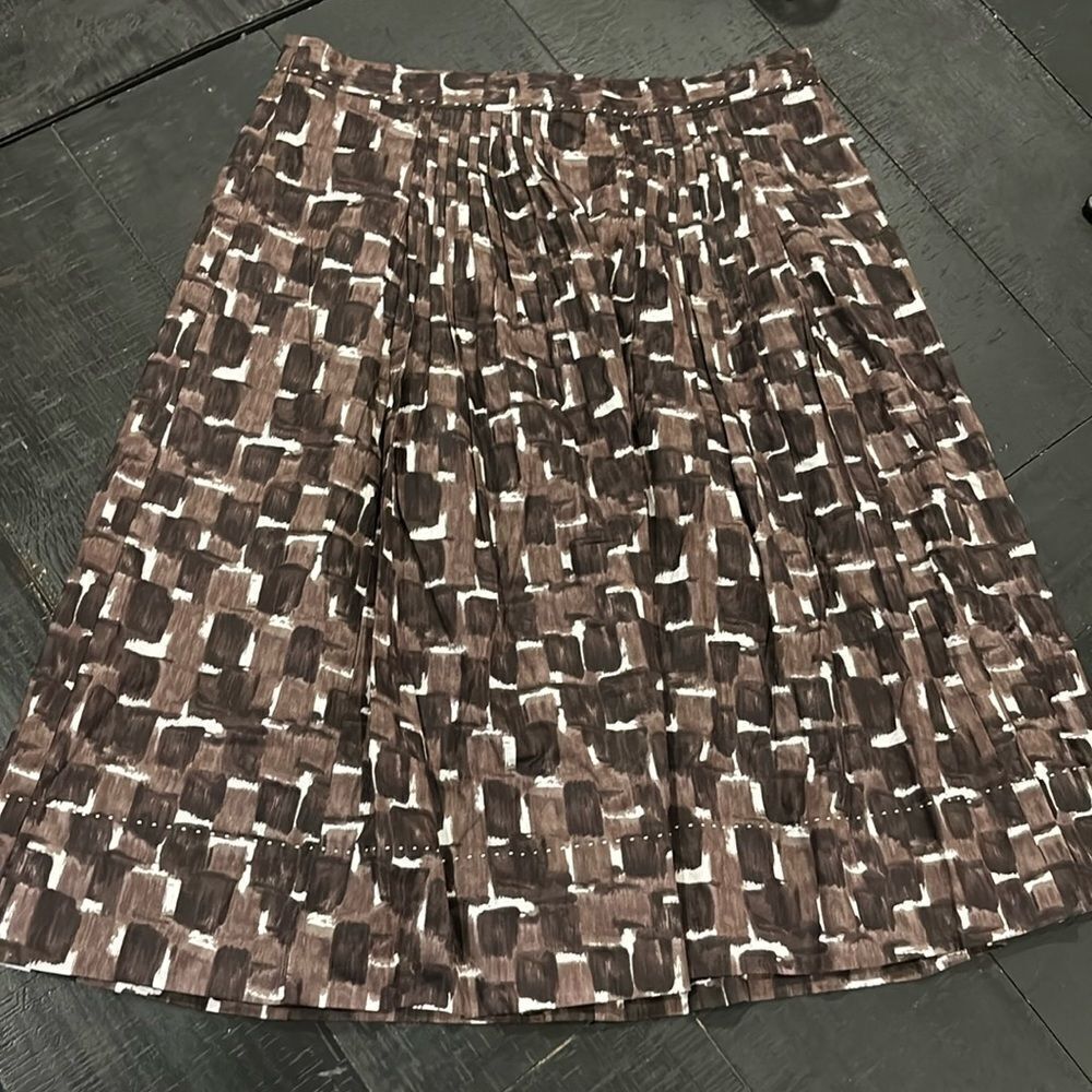 ELIE TAHARI ALIZA Briar Brown Black Cotton Pleated Skirt 8 MIDI Geometric​​​